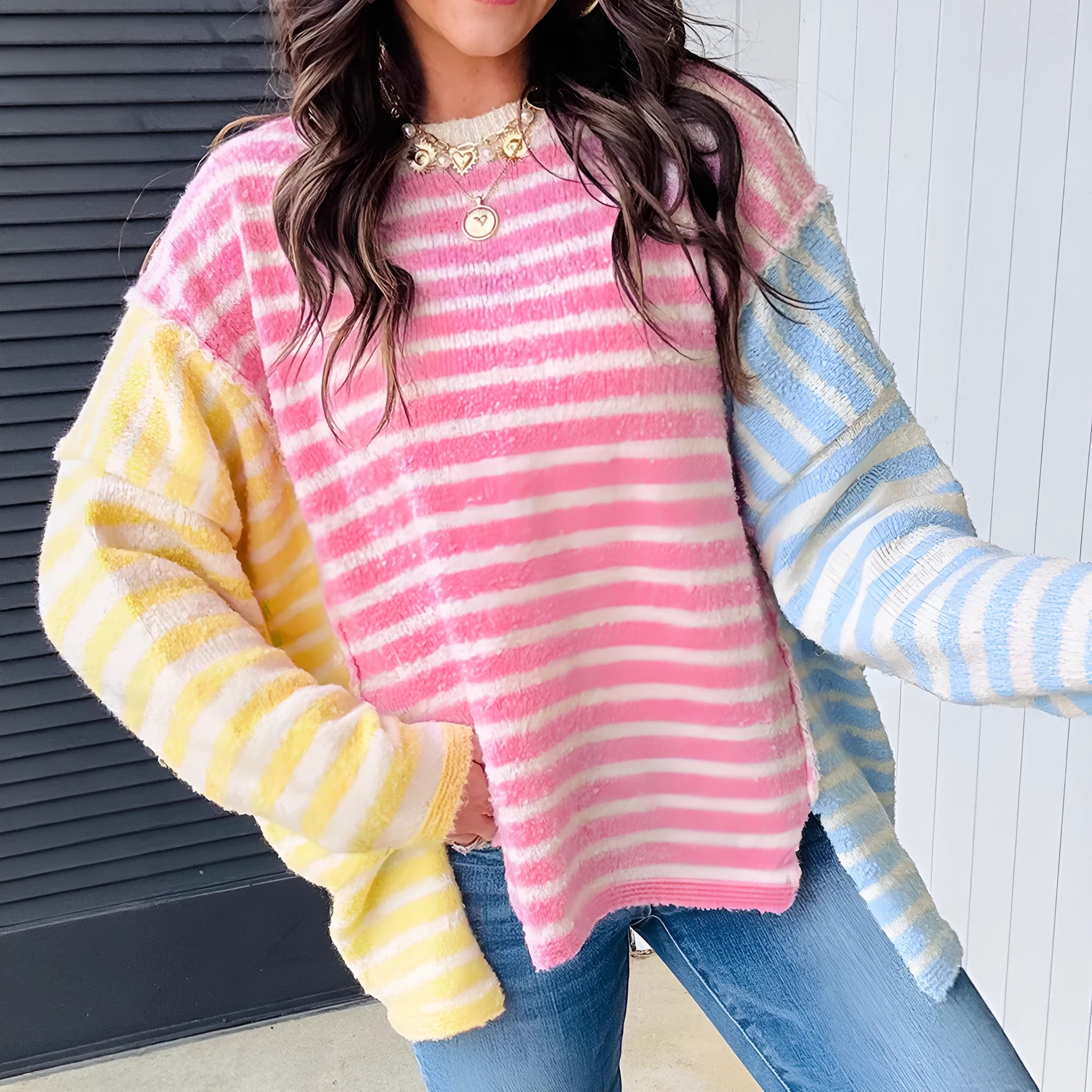 Women's casual striped acrylic long sleeve round neck pullover sweater in LC2726501-P22 colour, front view
