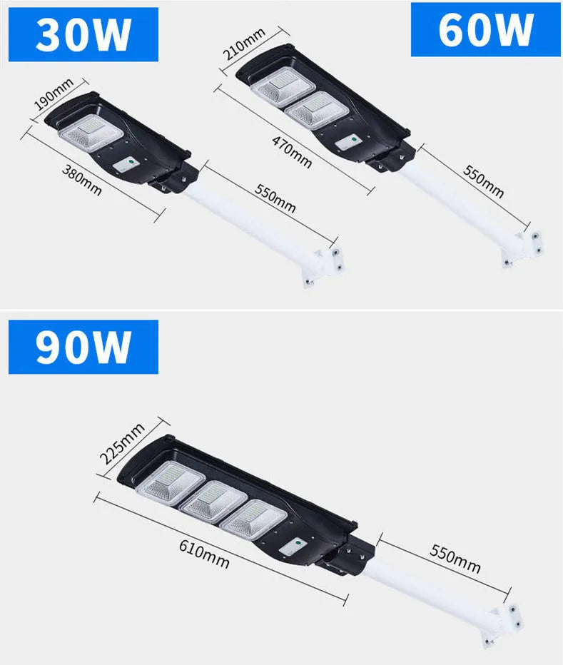 Integrated solar street light with solar panel on top and LED light unit below, for outdoor installation.