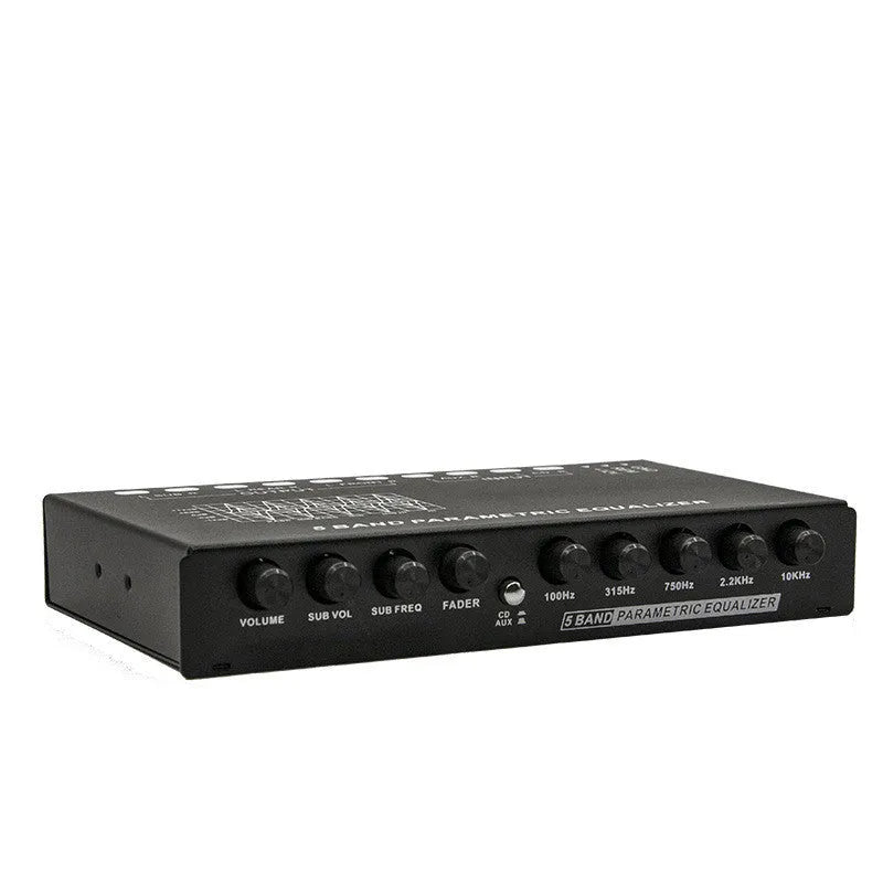 EQ5 Black car audio equaliser unit with front panel controls for six-channel output and seven-band frequency adjustment