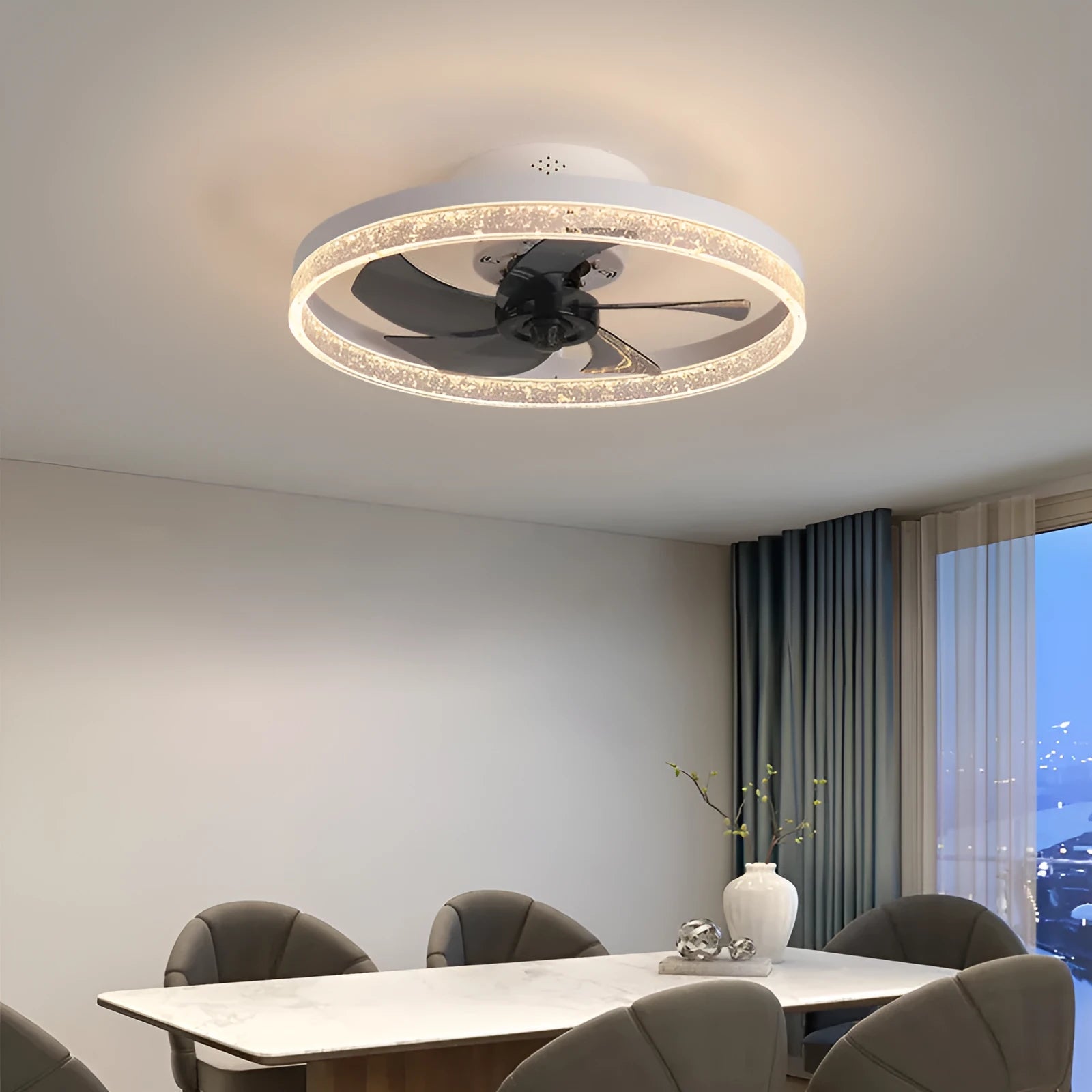 Nordic style ceiling fan with integrated LED lighting and remote control in coffee gold finish