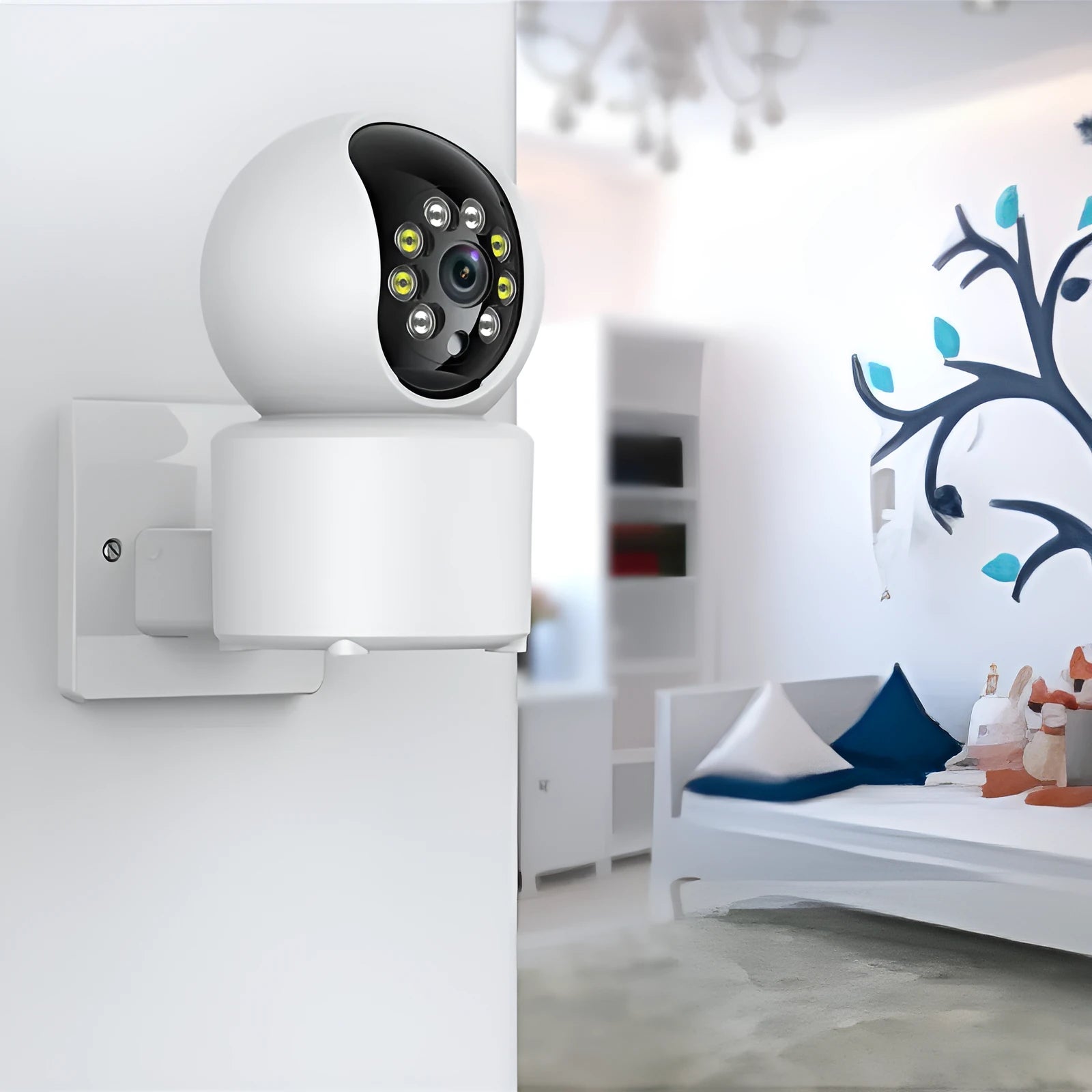 White indoor Wi-Fi smart security camera on a stand with 360-degree rotation for panoramic monitoring.