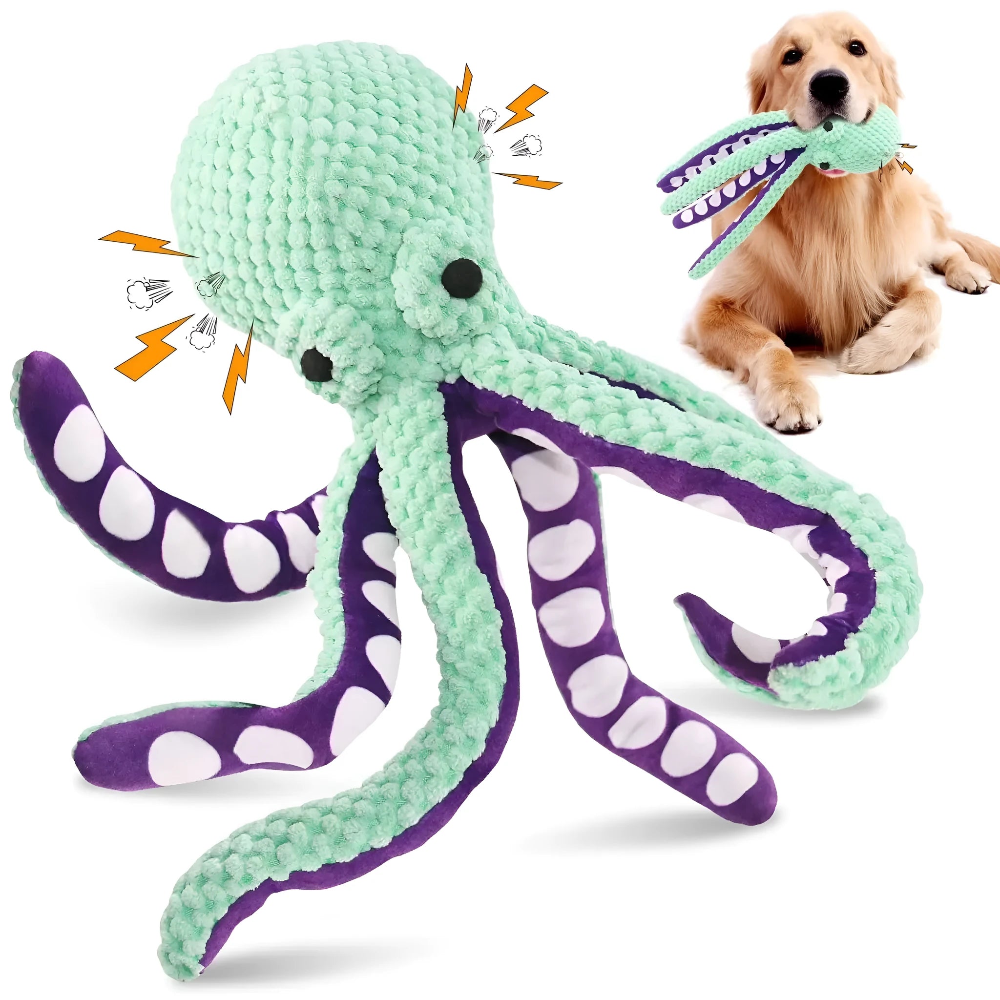 Blue plush octopus dog toy with six long legs and cartoon eyes on a white background.