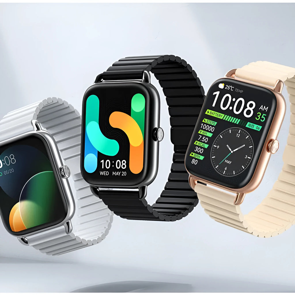 S4PLUS LS11 smart sports watch with AMOLED display shown in black, champagne, or silver.