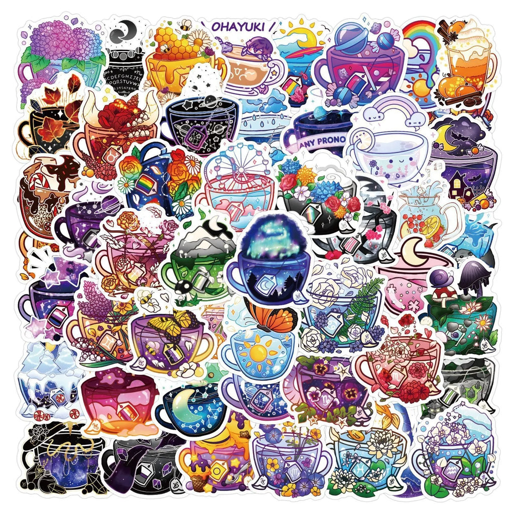 Pack of 50 colourful tea cup design waterproof graffiti stickers for DIY decoration