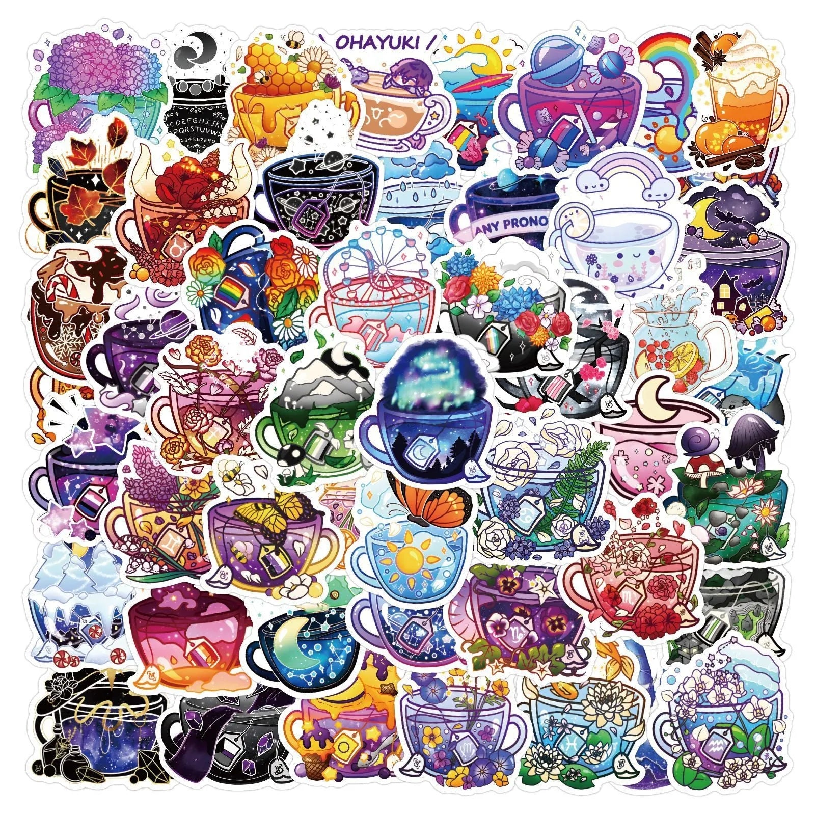Pack of 50 colourful tea cup design waterproof graffiti stickers for DIY decoration