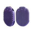 Purple pet shampoo brush with silicone bristles for dog and cat grooming during bathing