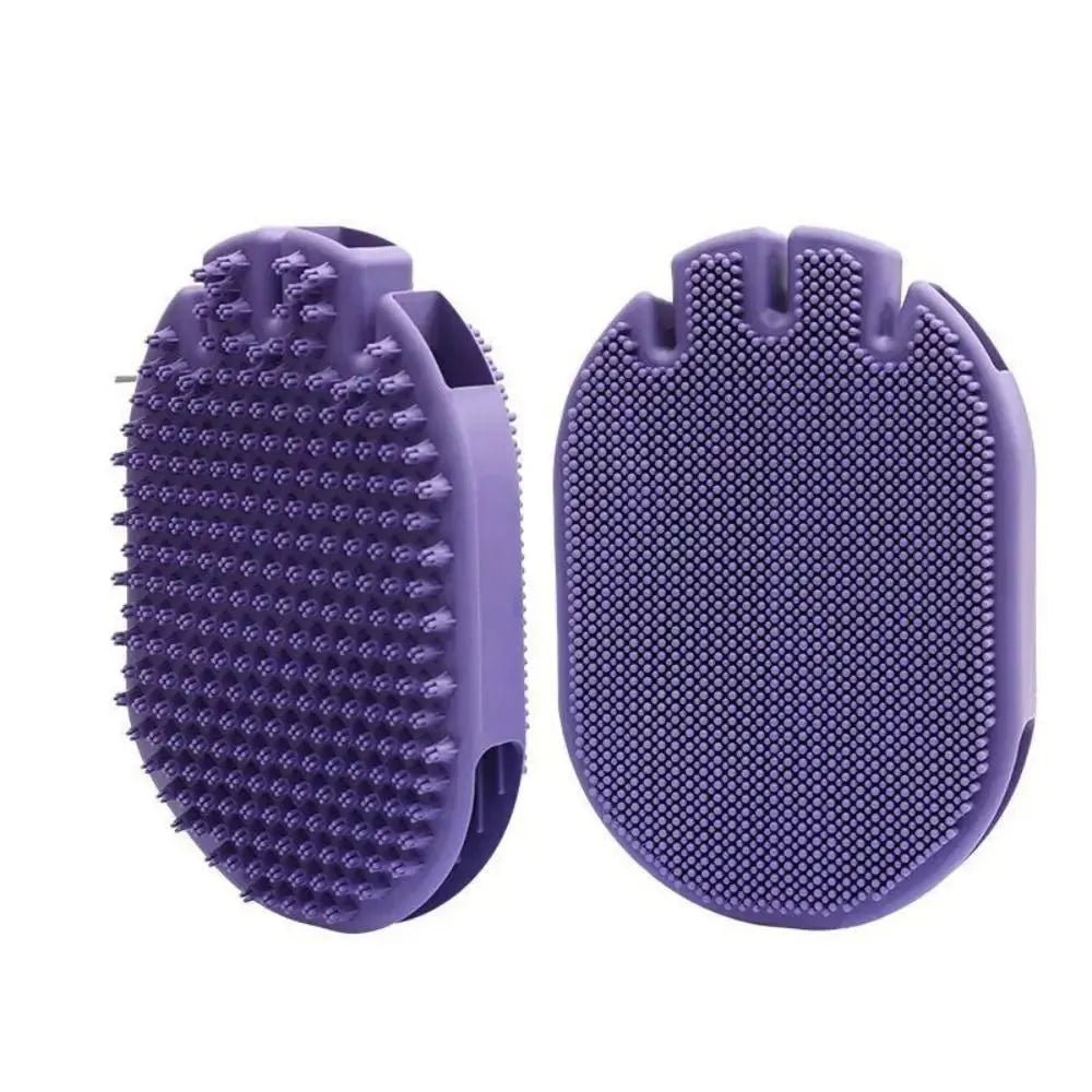 Purple pet shampoo brush with silicone bristles for dog and cat grooming during bathing