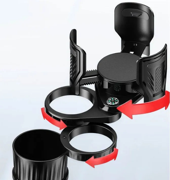 One Point Four adjustable car water cup holder in carbon fibre black showing retractable base.