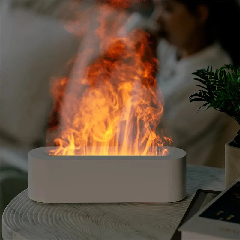 White square flame aroma diffuser with LED lights emitting cool mist humidification