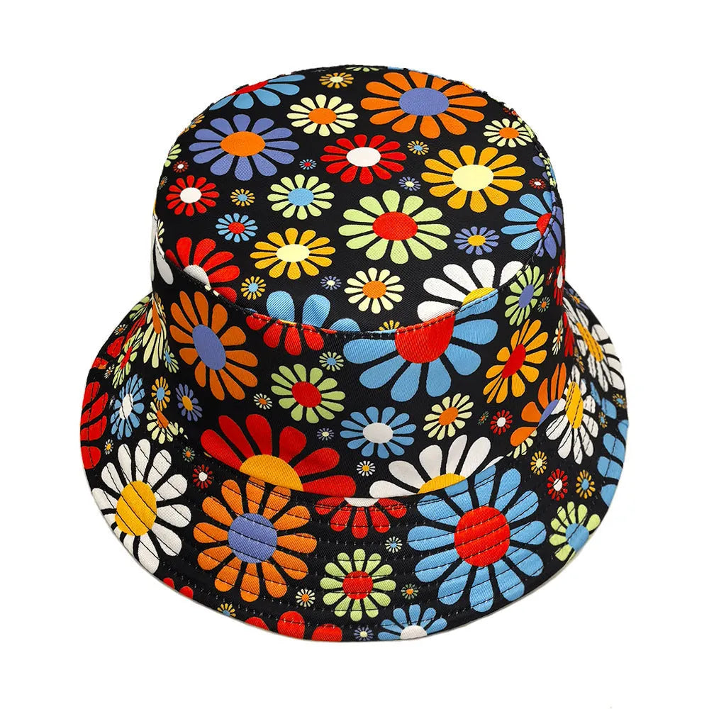 Colourful floral print polyester bucket hat with dome crown on white background