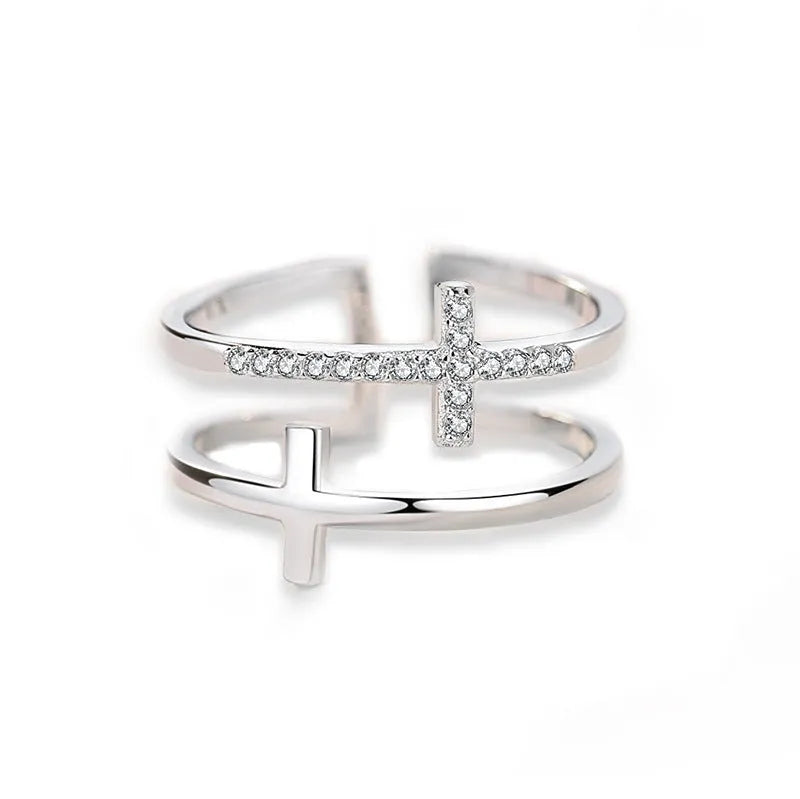 Women's adjustable double cross ring with miniature zircon stone in gold plating