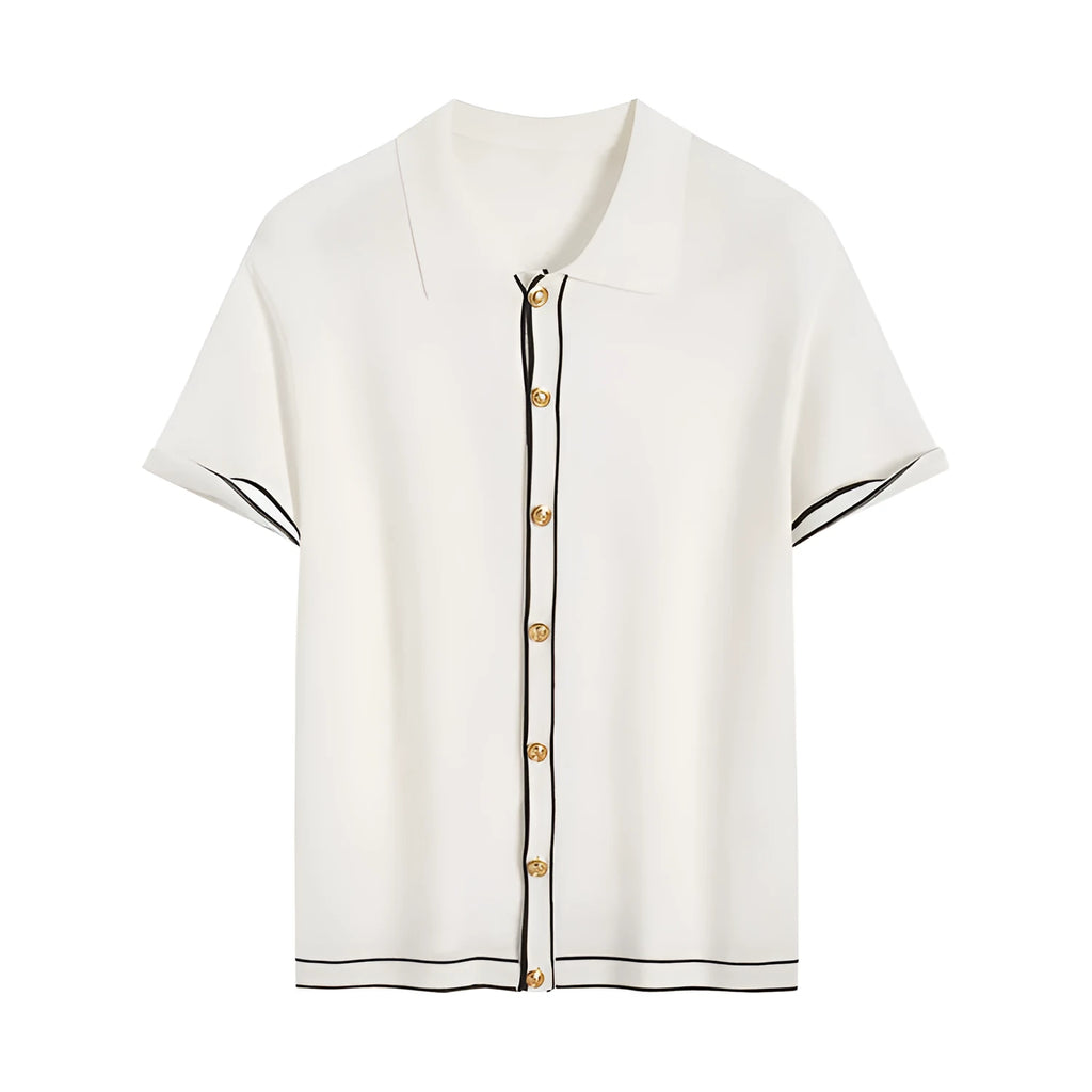White short sleeve cardigan with contrasting lapels in Old Money style.