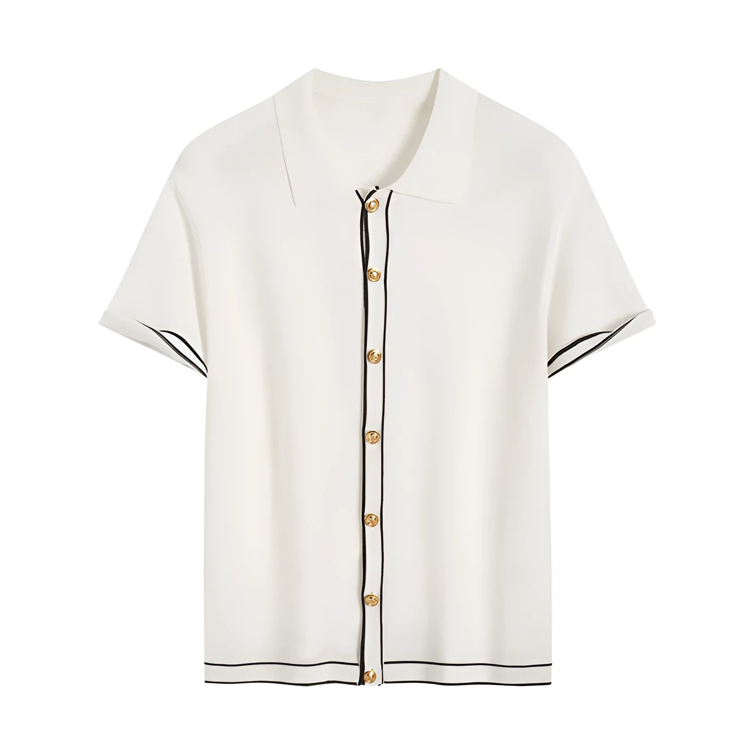 White short sleeve cardigan with contrasting lapels in Old Money style.