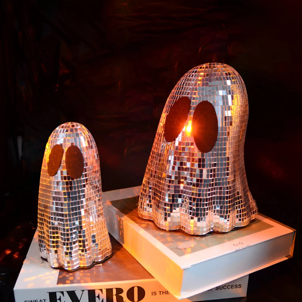 Silver Halloween ghost decoration with mosaic mirror patches for desktop display