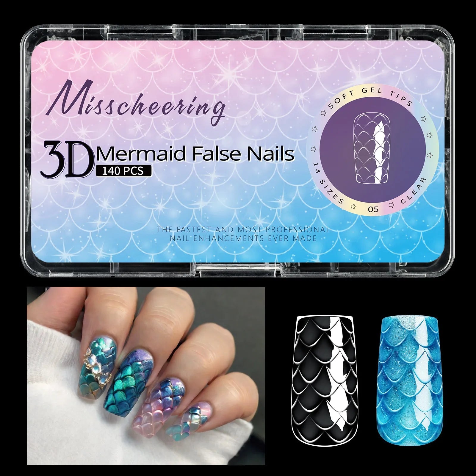 Box of 3D scale long shaping artificial nail tips for manicures.