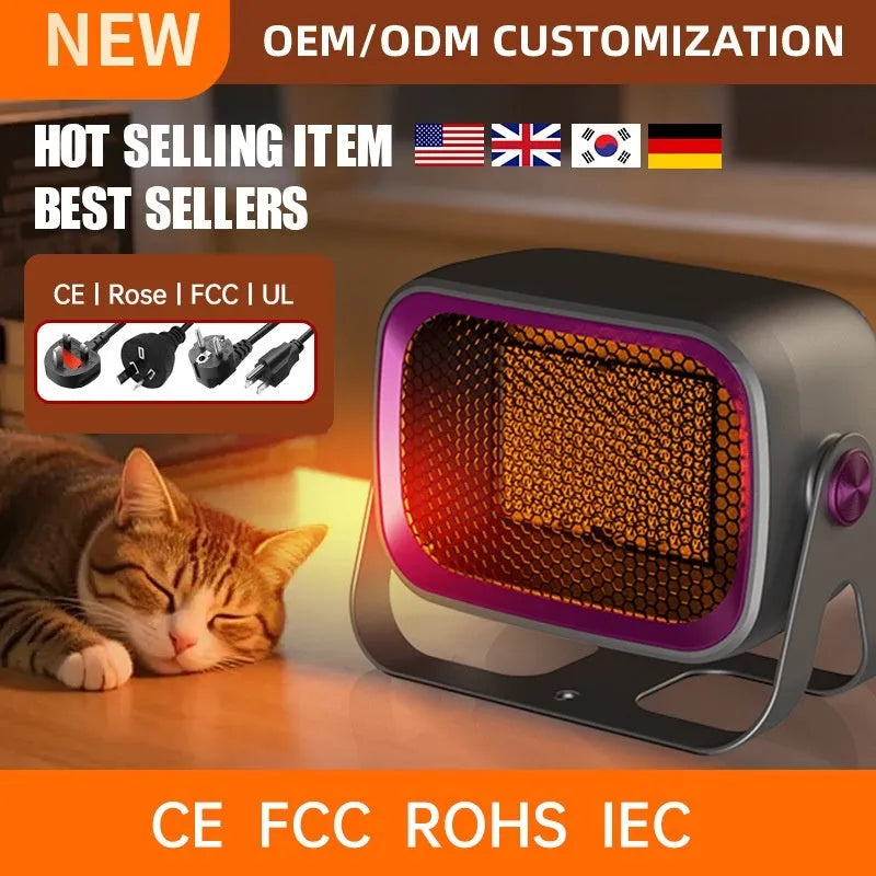 White compact desktop electric heater with rotatable base and push-button controls on front.