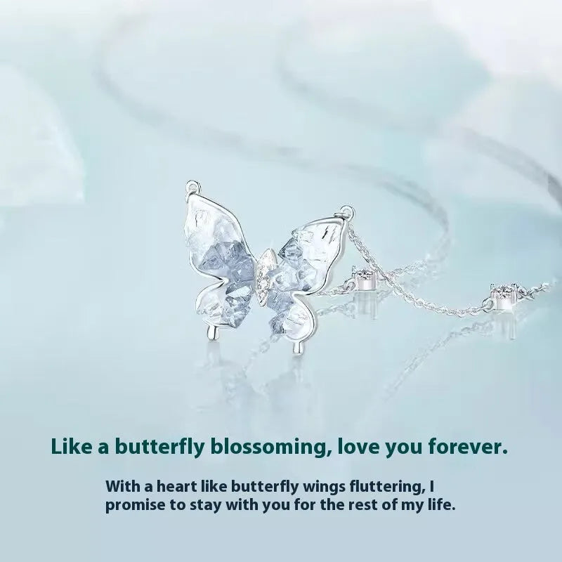 Bingyu Butterfly S925 sterling silver necklace with ice rain pendant on an adjustable O-ring chain.