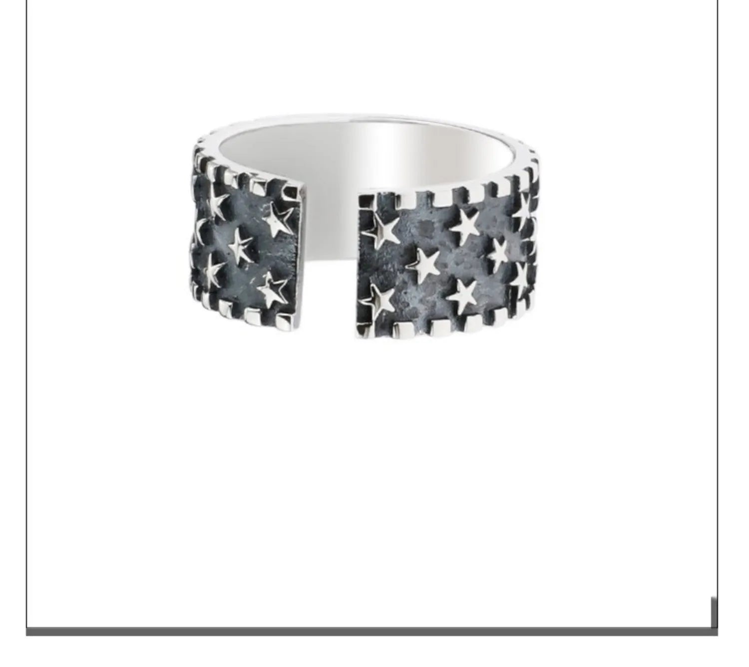 Sterling silver adjustable ring with a geometric pattern of multiple five-pointed stars.