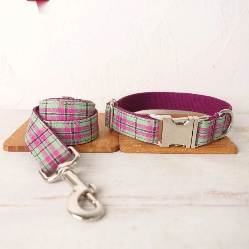 Mint green polyester dog collar and leash combination set shown in five available sizes