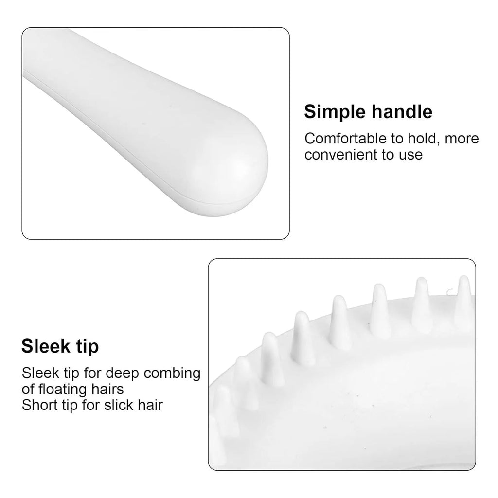 Blue and white double-sided pet grooming brush with ergonomic handle showing quick clean-up feature