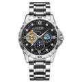 Automatic mechanical watch with silver case and black dial showing luminous markers