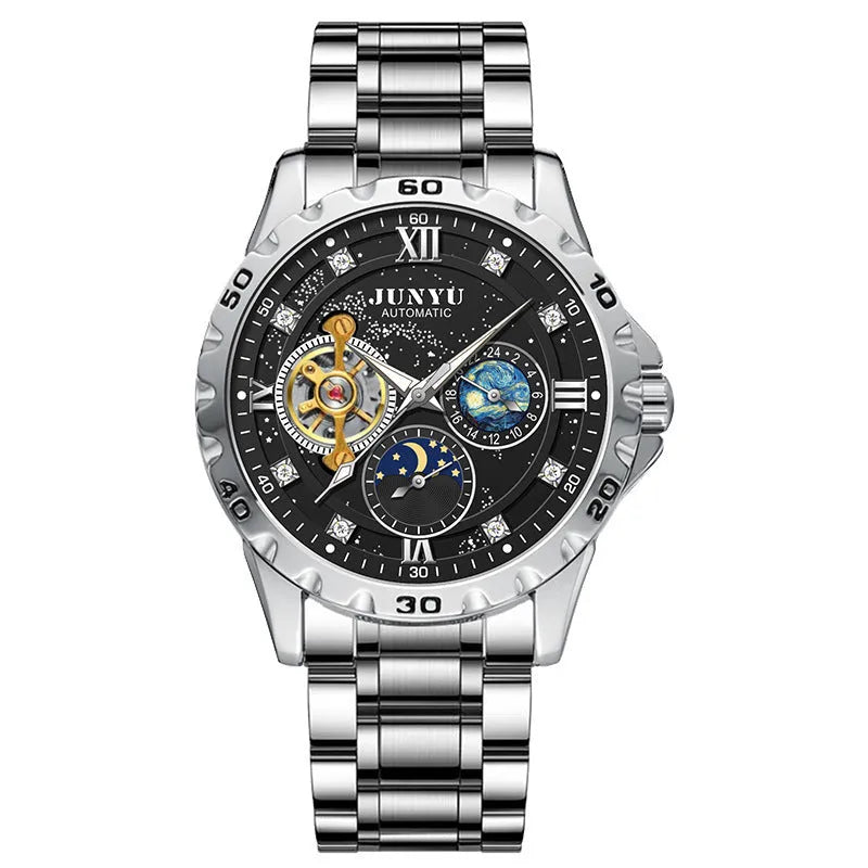 Automatic mechanical watch with silver case and black dial showing luminous markers