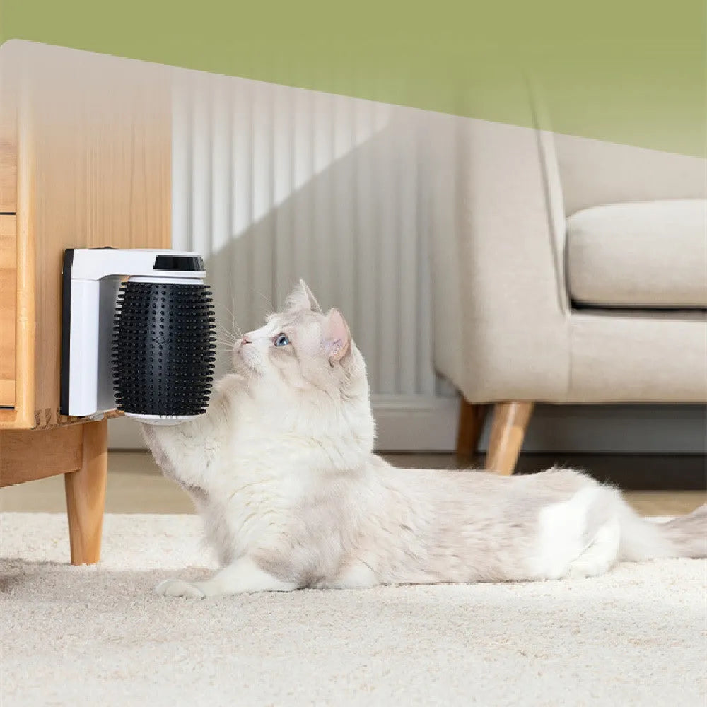 White automatic cat self groomer wall corner brush with silicone bristles