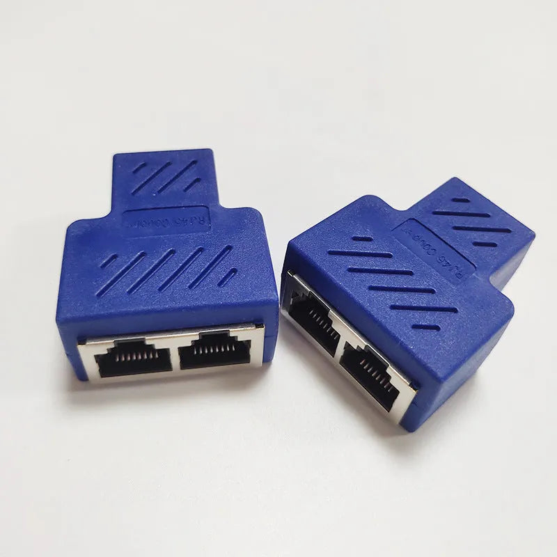 RJ45 network cable splitter tee adapter showing one male plug and two female ports in black plastic housing.
