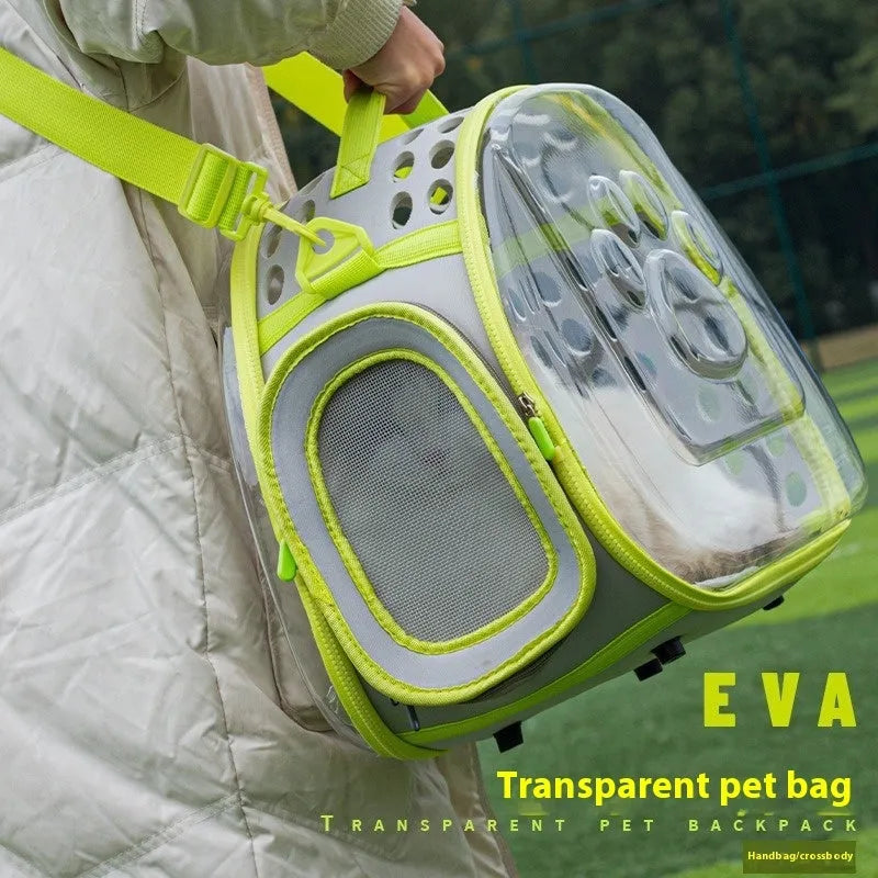 Large transparent hard-shell cat backpack carrier in grass green colour, showing dimensions.