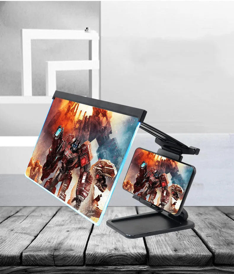 Black 12-inch mobile phone screen amplifier with detachable phone holder in folded position