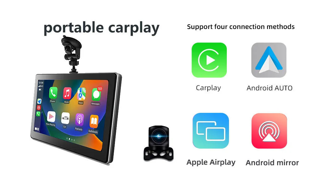 7-inch black wireless CarPlay projection car camera with wide-angle lens for dashboard installation