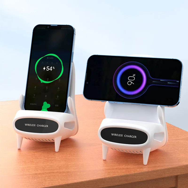 White wireless charging phone stand on a desk, charging a mobile phone at a viewing angle.