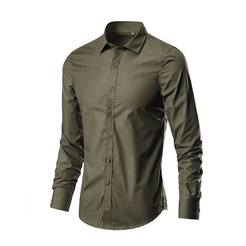 Man wearing a slim fit long sleeve linen blend shirt in a solid colour, showcasing the casual style.