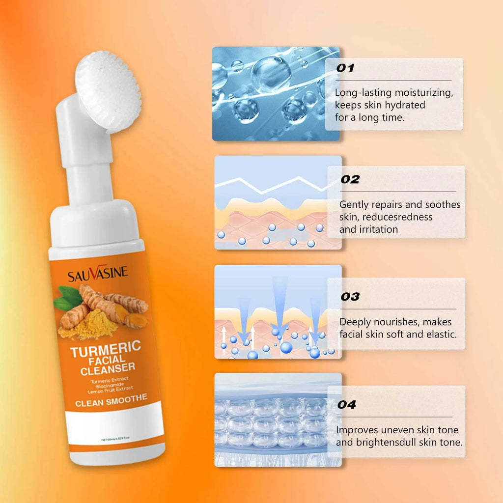 Turmeric facial cleanser 60ml bottle with yellow label and cap on white background