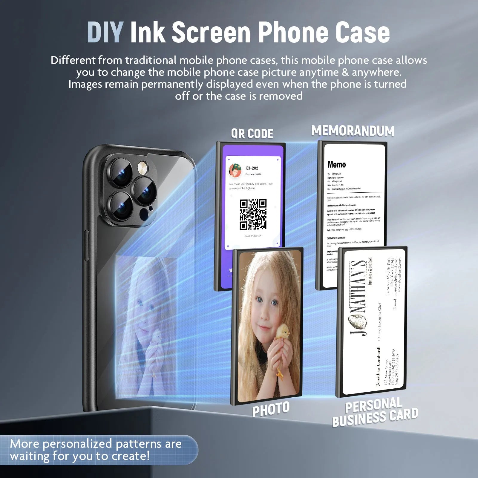 Black and purple IPhone 15 Pro Max NFC flip phone case with a customisable ink screen display.