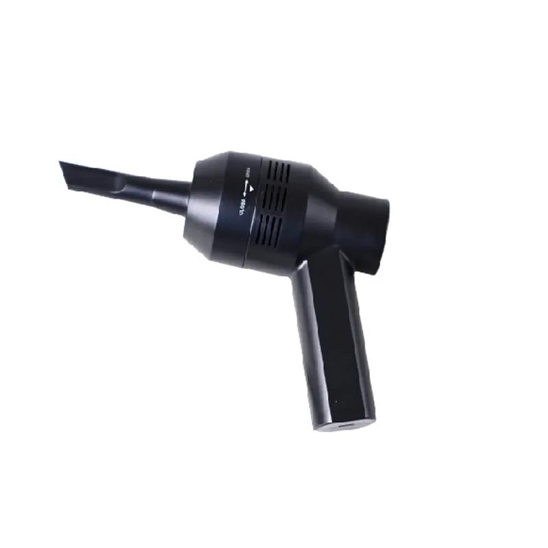 Black desktop mini vacuum cleaner with USB cable and dust collection chamber for keyboard and small space cleaning