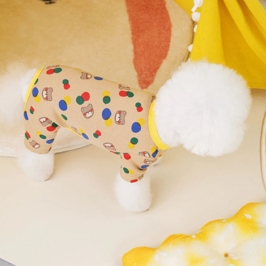 Dog wearing colourful ball bear costume in beige cotton spandex blend fabric