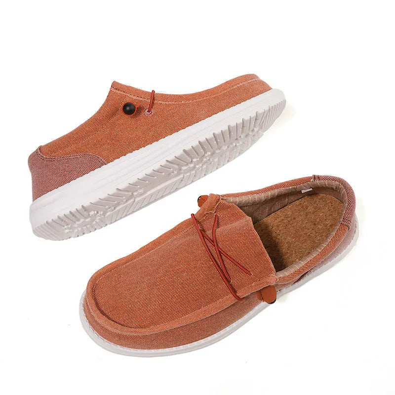 Men's green and orange canvas casual shoes with colour block mosaic design and round toe shape