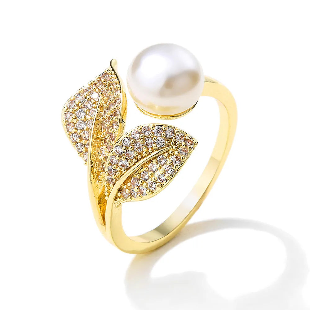 Exquisite Leaf Zircon Open Ring with silver-tone leaf motif and cubic zirconia stones on adjustable band