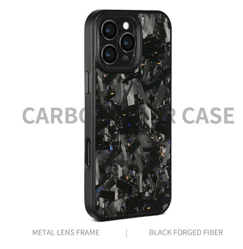 Carbon fibre metal frame shockproof phone case for iPhone 14 15 16 in black with forged grain finish