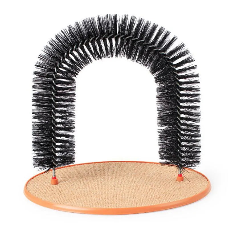 White plastic arched cat grooming toy with built-in brush bristles for scratching.