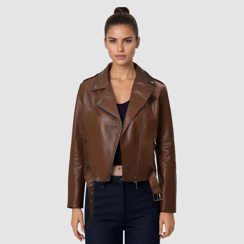Women's red PU leather lapel jacket with an integrated short belt, shown on a model.