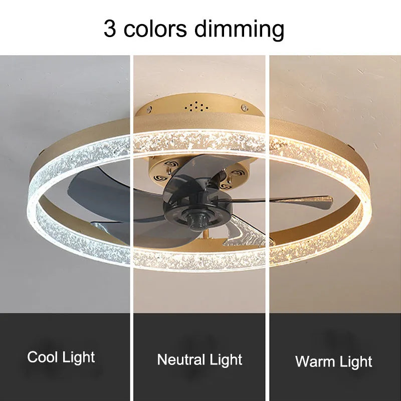 Nordic style ceiling fan with integrated LED lighting and remote control in coffee gold finish