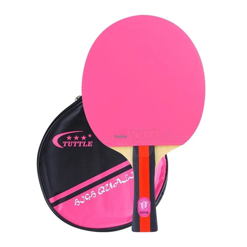 Blue, green, and pink shakehand grip table tennis rackets with matching racket covers laid out.