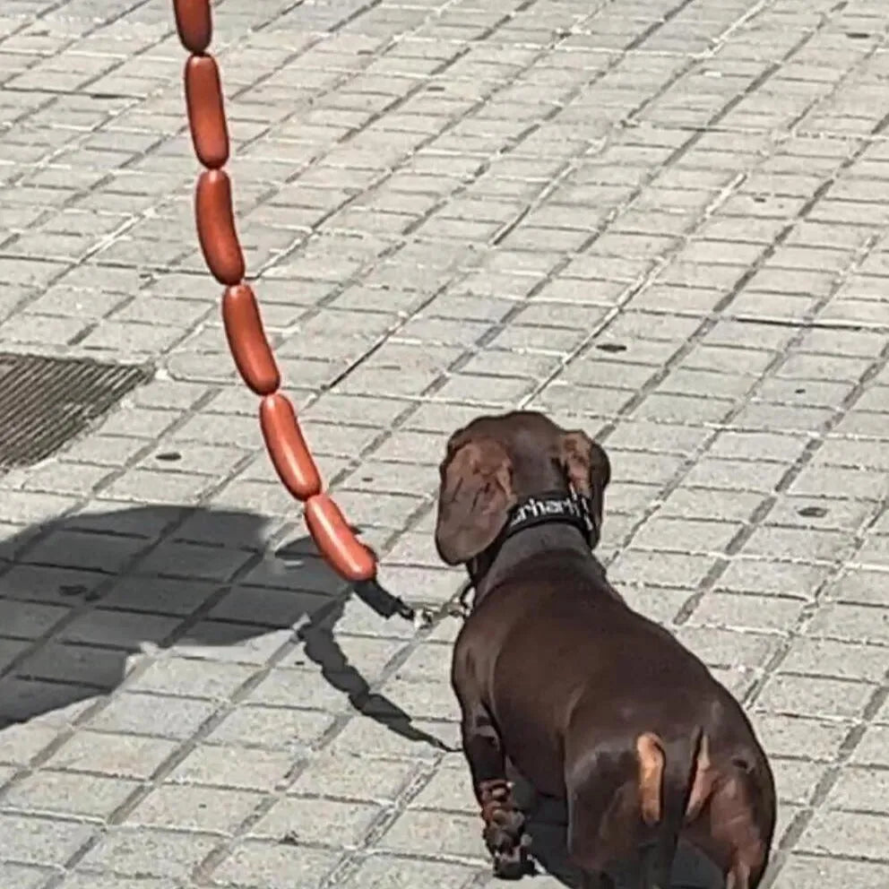Brown sausage-link dog hand rope toy with grip tape, total length 108cm.