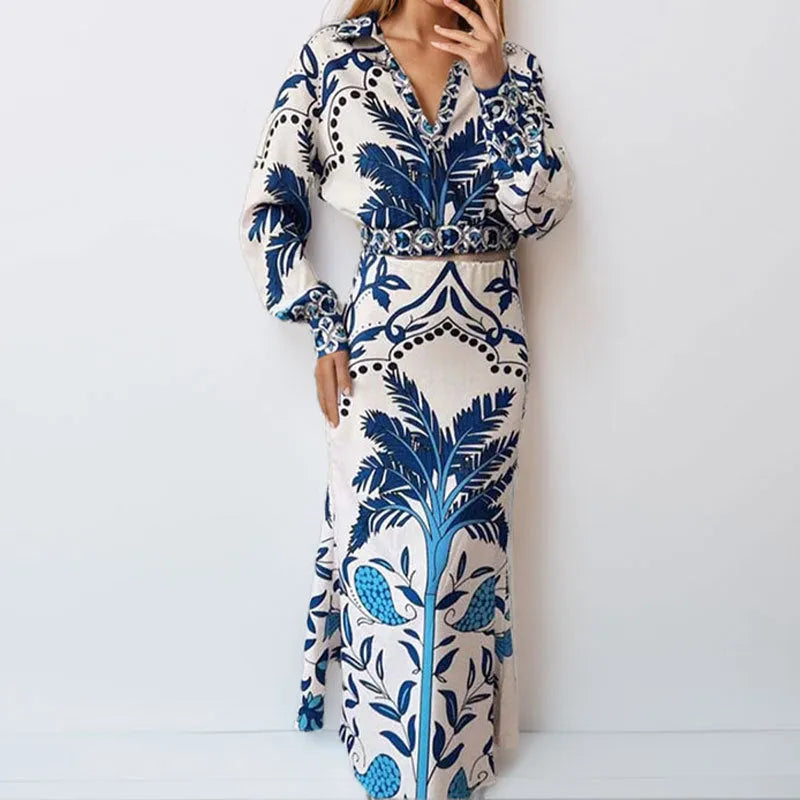 Women's early spring flower print casual two-piece set with long sleeves and long skirt