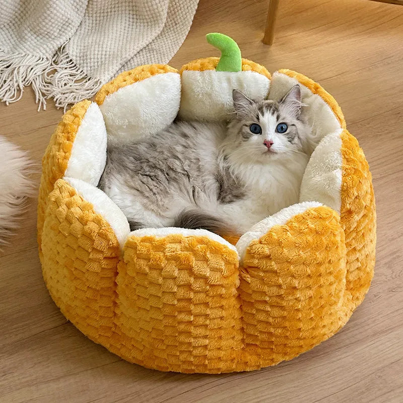 Pumpkin-shaped pet nest mat with raised sides and cotton filling for cat bedding in two sizes