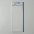 Half B5 vertical notepad in pink, purple or blue cover measuring 9.1 by 25.7 cm with 30 sheets