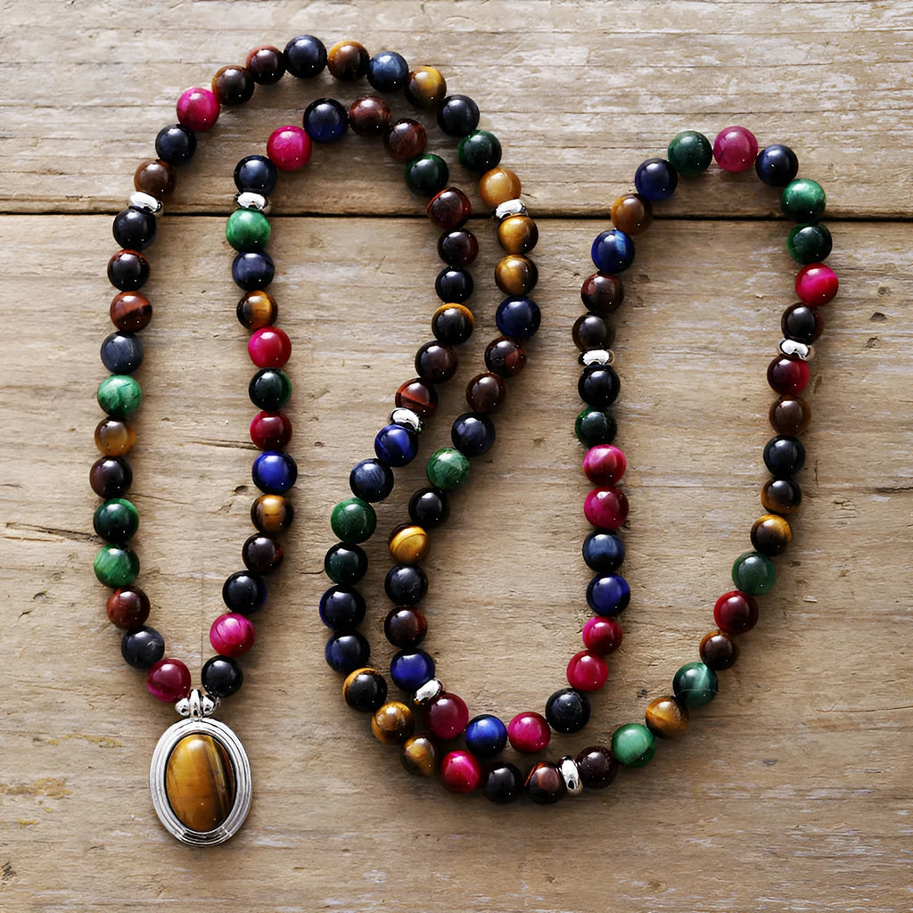 Handcrafted colour tiger-eye 108 pendant meditation necklace and bracelet with mixed gem inlay and symbolic designs