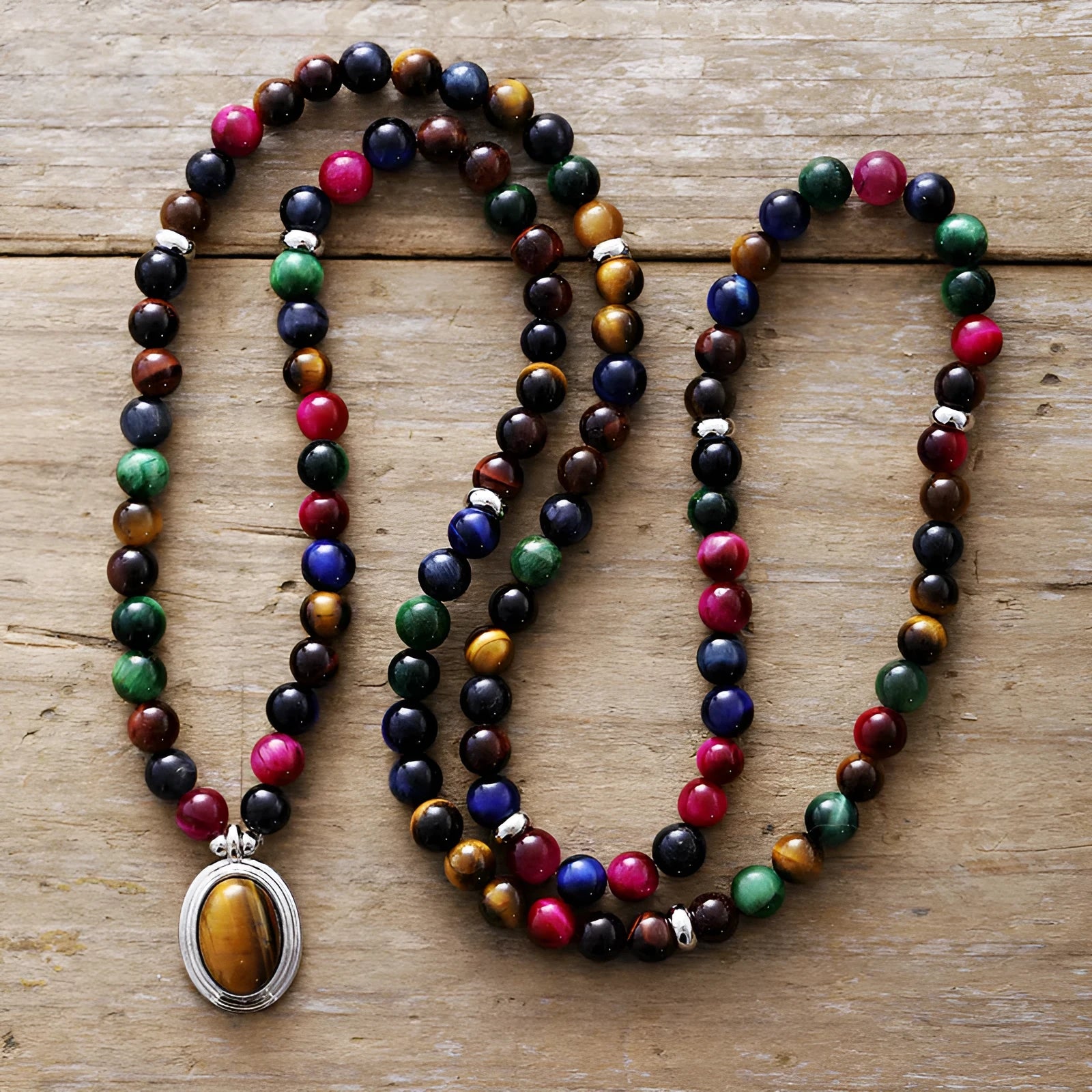 Handcrafted colour tiger-eye 108 pendant meditation necklace and bracelet with mixed gem inlay and symbolic designs